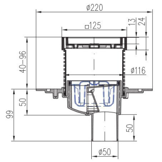 Podlahová vpusť spodná D50, nerez rámček, mriežka STEEL S1 384 A