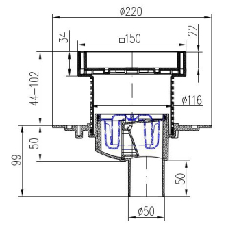 Podlahová vpusť spodná D50, nerez rámček, mriežka STEEL S1 384 A