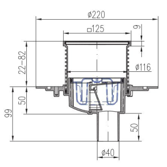 Podlahová vpusť spodná D50, nerez rámček, mriežka STEEL S1 383 A