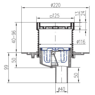 Podlahová vpusť spodná D50, nerez rámček, mriežka STEEL S1 383 A