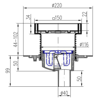 Podlahová vpusť spodná D50, nerez rámček, mriežka STEEL S1 383 A