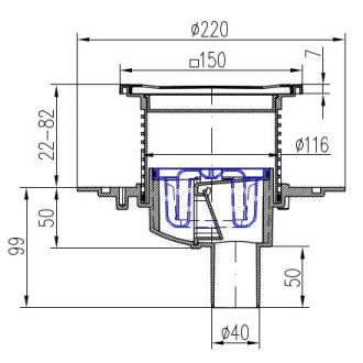 Podlahová vpusť spodná D50, nerez príruba, rámček, mriežka STEEL S1 383 B