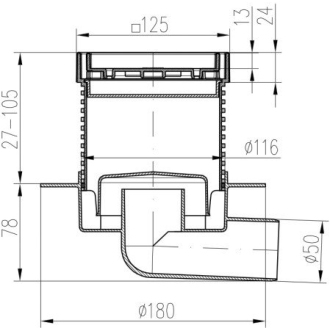 Podlahová vpusť bočná D50, golier, nerez rámček, mriežka STEEL S 425 L