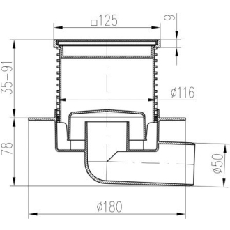 Podlahová vpusť bočná D50, golier, nerez rámček, mriežka STEEL S1 425 L