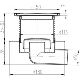 Podlahová vpusť bočná D50, golier, nerez rámček, mriežka STEEL S1 425 L