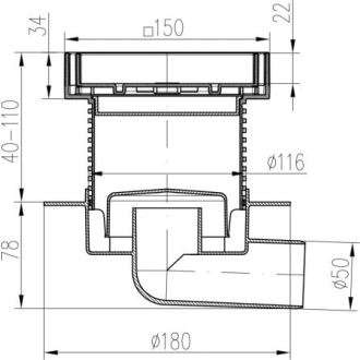 Podlahová vpusť bočná D50, golier, nerez rámček, mriežka STEEL S1 425 L