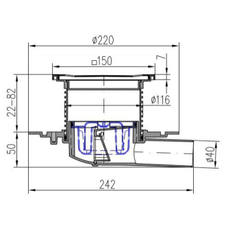 Podlahová vpusť bočná D40, nerez rámček, mriežka STEEL S1 382 A