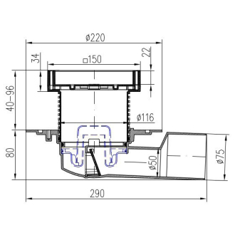 Podlahová vpusť bočná D50/75, nerez rámček, mriežka LABYRINTH L1 388 NA