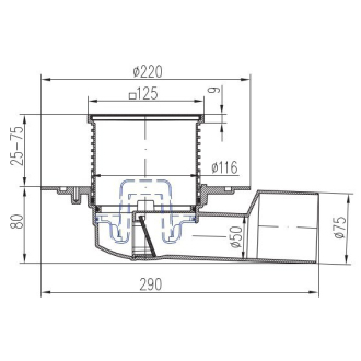 Podlahová vpusť bočná D50/75, nerez príruba, rámček, mriežka STEEL S 388 B
