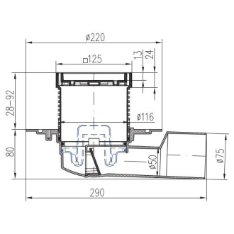 Podlahová vpusť bočná D50/75, nerez príruba, rámček, mriežka STEEL S 388 B