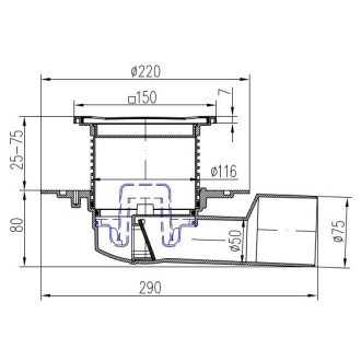 Podlahová vpusť bočná D50/75, nerez príruba, rámček, mriežka STEEL S1 388 B