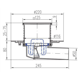 Podlahová vpusť bočná D50, nerez rámček, mriežka STEEL S1 381 A