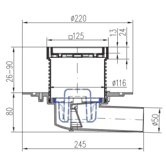 Podlahová vpusť bočná D50, nerez rámček, mriežka STEEL S1 381 A