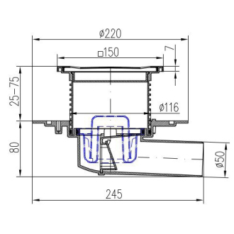 Podlahová vpusť bočná D50, nerez rámček, mriežka STEEL S1 381 A