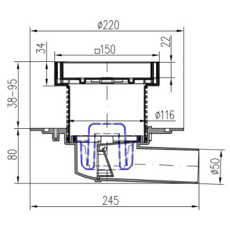 Podlahová vpusť bočná D50, nerez rámček, mriežka STEEL S1 381 A
