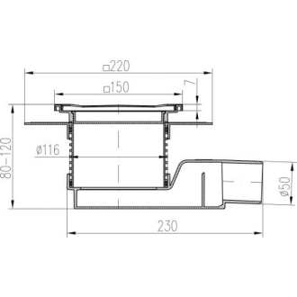 Znížený sifón bočný D50, golier, nerez rámček, mriežka STEEL S1 804