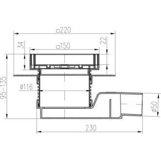 Znížený sifón bočný D50, golier, nerez rámček, mriežka STEEL S1 804