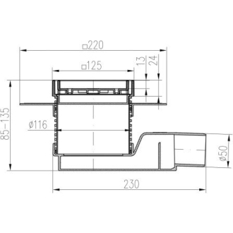 Znížený sifón bočný D50, golier, nerez rámček, mriežka LABYRINTH L1 804 N