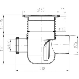 Podlahová vpusť bočná D50/75 MULTI, nerez rámček, mriežka STEEL S 801