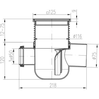 Podlahová vpusť bočná D50/75 MULTI, nerez rámček, mriežka STEEL S1 801