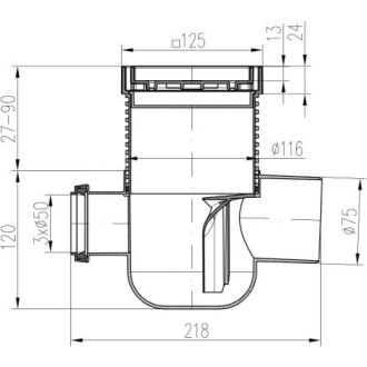 Podlahová vpusť bočná D50/75 MULTI, nerez rámček, mriežka STEEL S1 801