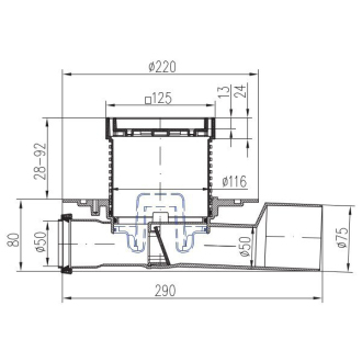 Podlahový vpust priebežný D50/75, nerez rámček, mriežka FACE F1 427 NA