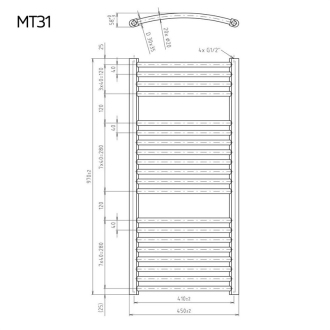 Mereo Vykurovací rebrík oblý 450x970 mm, biely MT31