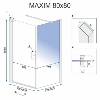 Rea sklenený kút priehľadný bez vaničky 80x80x195 Maxim REA-K0268