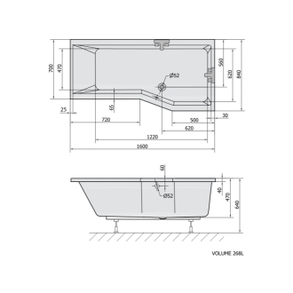 VERSYS R asymetrická vaňa 160x85x70x47cm, biela 15611