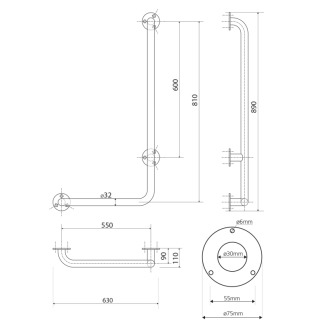 Nástenné madlo PRAVÉ 810x550mm, nerez (301122041) XH524