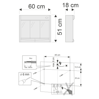 SAPHIR galerka 60x51x18cm, žiarivka T8,1x15W, G13, biela plast 591322