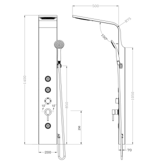 TUSA sprchový panel, výška 1400mm, hliník SL680