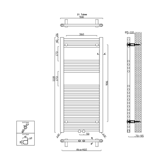 ALYA vykurovacie teleso rovné 500x1118 mm, stredové pripojenie, 305W, chróm 1145-05