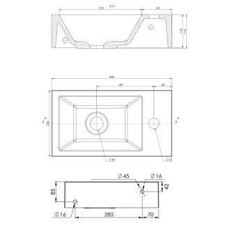 AMAROK umývadlo 40x11x22cm, liaty mramor, biela, batéria vpravo AR500