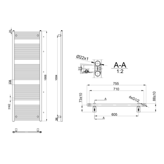 DIRECT vykurovacie teleso s bočným pripojením 750x1868 mm, 1238 W, biela ILR87E