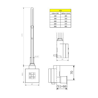 KTX vykurovacia tyč s termostatom, s krytom pre kábel, 300 W, Chróm KTX-CW-300