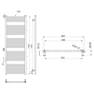 DIRECT vykurovacie teleso s bočným pripojením 600x1700 mm, 914 W, strieborná štrukturálna ILS66E