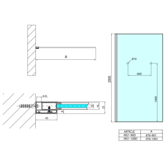 MODULAR SHOWER jednodielna zástena pevná na stenu, s otvormi na držiak uterákov, 1000 MS1-100-D