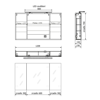 MIRRÓ galerka s LED osvetlením, 3x dvierka, 120x70x16cm, biela MC121-0030