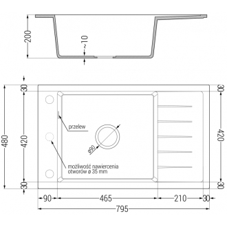Mexen ELIAS Jednodrez s odkvapom 795x480x200, granit čierna-strieborná 6511791005-73