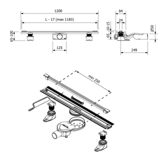 SLIM SPRING BLACK nerezový sprchový kanálik s roštom, 250-1200mm SV120B