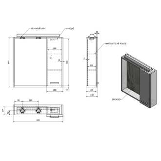 Aqualine ZOJA/KERAMIA FRESH galerka s LED osvetlením, 60x60x14cm, pravá, dub platín 45028