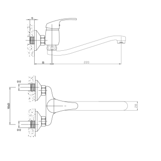 AQUALINE 35 nástenná batéria rozstup 100 mm, ramienko ploché zvýšené, 220 mm, chróm 52032