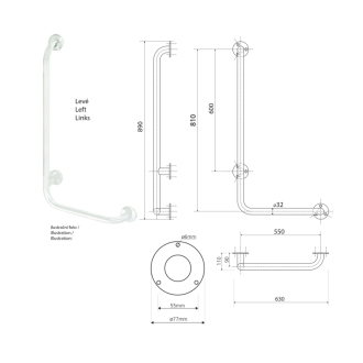 HANDICAP nástenné madlo ĽAVÉ 810x550mm, biela XH522W