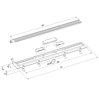 Sprchový kanálik s nerezovým roštom, DN50, 710x122x65 mm 700.157.2