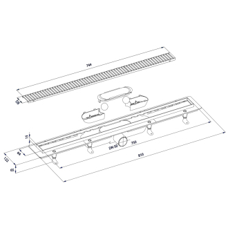 Sprchový kanálik s nerezovým roštom, DN50, 810x122x65 mm 700.158.2