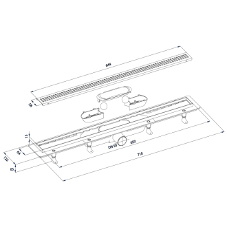 INDY sprchový kanálik s nerezovým roštom, superflow, DN50, 710x122x65 mm 73641