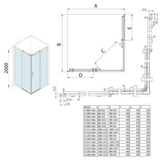 THRON LINE SQUARE štvorcový sprchovací kút 900x900mm, rohový vstup TL2990-5002