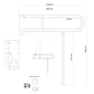 HANDICAP madlo sklopné s opornou nohou 600 mm, biela XH521W