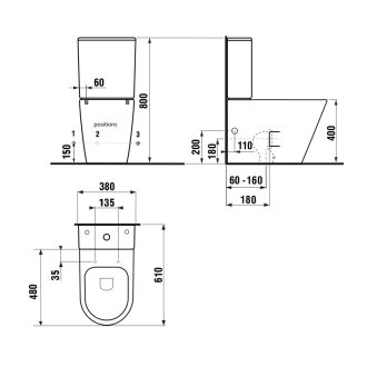PACO RIMLESS WC kombi misa s nádržkou, spodný/zadný odpad, čierna mat PC1012WRB